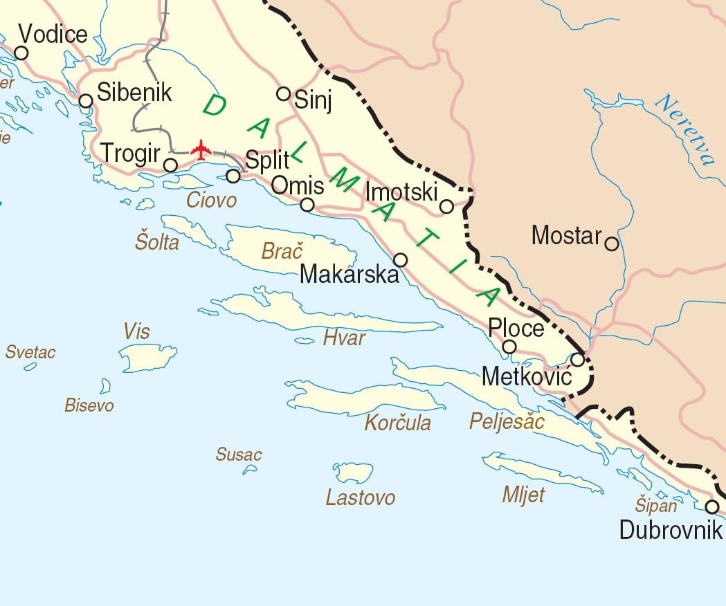 kort over det sydlige kroatien