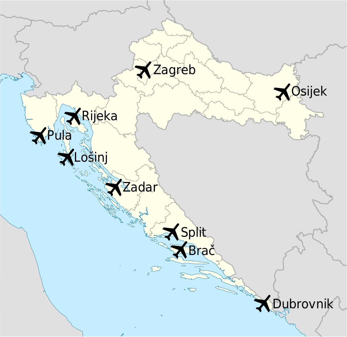 kort over kroatien, der viser lufthavne