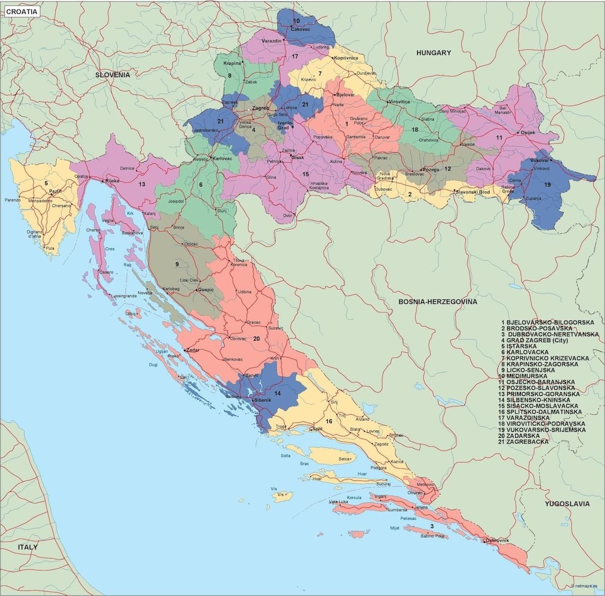 kort over kroatien politiske 